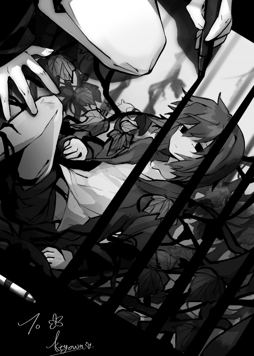 1boy, absurdres, chinese_commentary, closed_mouth, commentary_request, drawing_(action), empty_eyes, greyscale