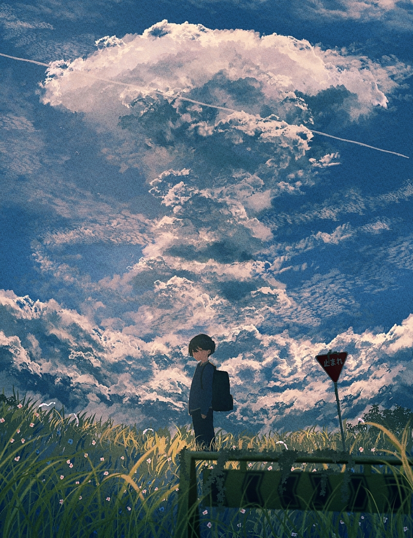 banakotakemaru, bob_cut, cloud, cloudy_sky, cumulonimbus_cloud, cumulonimbus_incus, facing_away, film_grain, flower, gender_request, gradient_sky, halo, highres, holding, holding_flower, neckerchief, original, outdoors, red_neckerchief, scenery, school_uniform, serafuku, shooting_star, sky, skyline, star_(sky), sunrise, sunset, utility_pole, wading, whale, white_halo, wide_shot