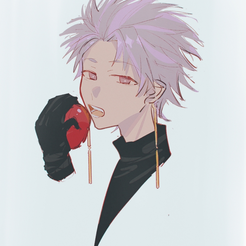 1boy, apple, black_gloves, black_shirt, bright_pupils, commentary_request, cropped_shoulders, food, fruit, gloves, grey_background, hai_(1210080), highres, holding, holding_food, holding_fruit, male_focus, open_mouth, pink_hair, red_eyes, saibou_shinkyoku, shirt, short_hair, simple_background, sketch, solo, theodore_riddle, white_pupils