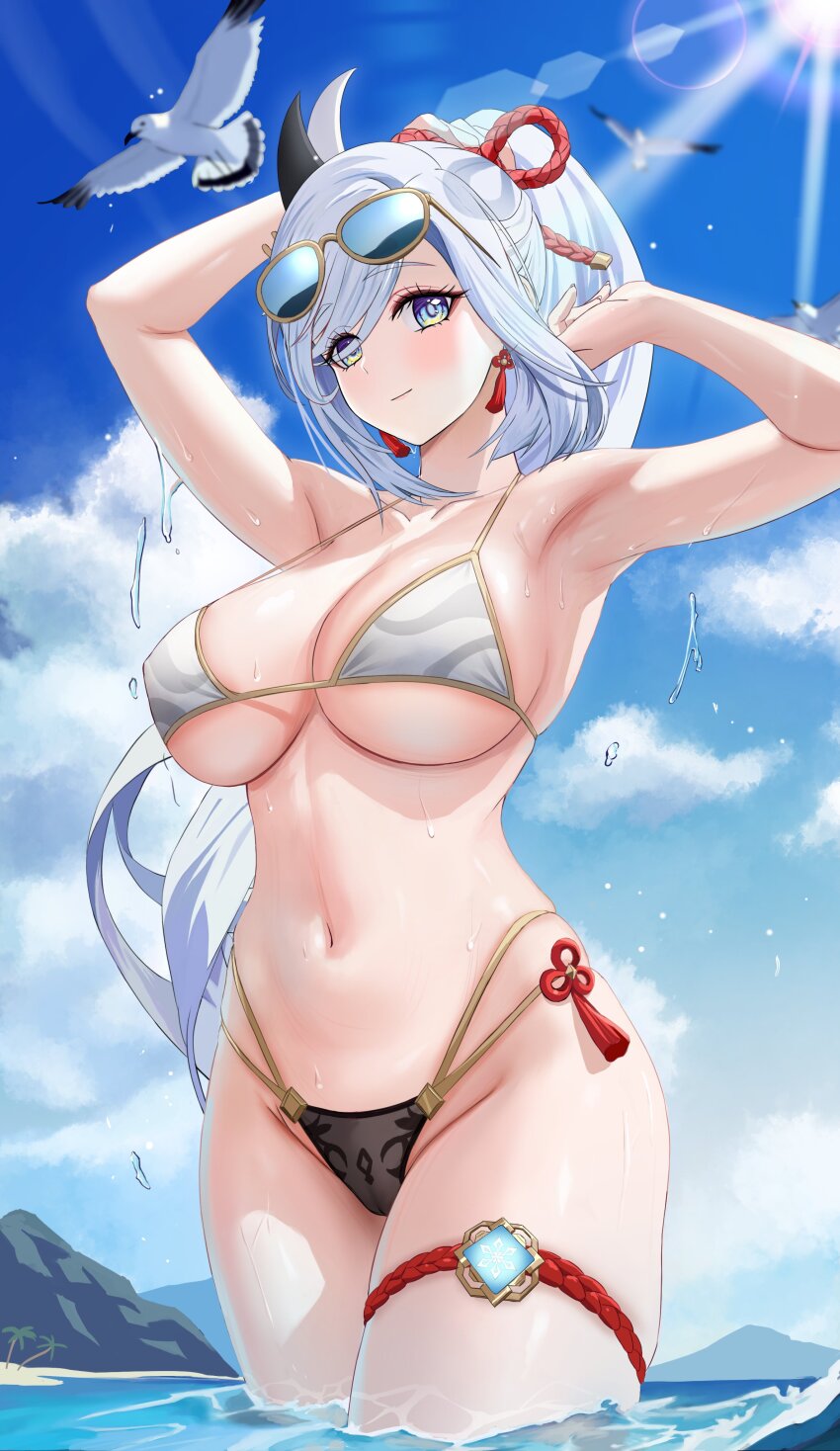 1girl, absurdres, alternate_costume, alternate_hairstyle, armpits, arms_up, bikini, bird, black_bikini, blue-tinted_eyewear, blue_eyes, blue_sky, breasts, closed_mouth, collarbone, commentary, cowboy_shot, day, eyewear_on_head, genshin_impact, groin, hair_ornament, hashtag-only_commentary, heeyan, highres, large_breasts, light_blush, long_hair, looking_at_viewer, multi-strapped_bikini_bottom, multicolored_bikini, navel, outdoors, red_rope, rope, shenhe_(genshin_impact), sky, smile, solo, stomach, sunglasses, sunlight, swimsuit, tinted_eyewear, two-tone_bikini, very_long_hair, wet, white_bikini, white_bird, white_hair