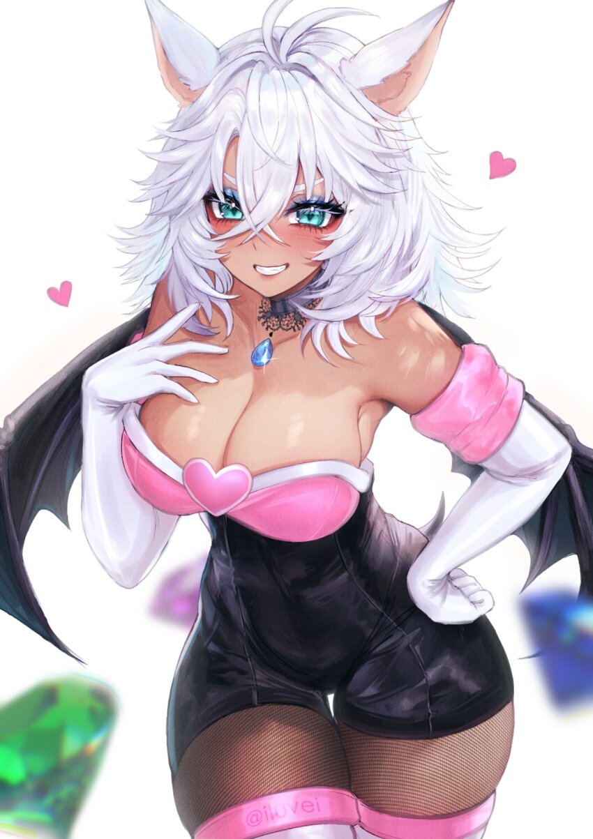 1girl, animal_ears, antenna_hair, bare_shoulders, bat_ears, bat_wings, black_choker, blue_eyes