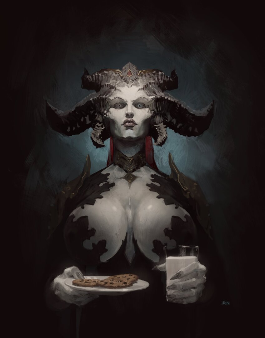 1girl, absurdres, blue_eyes, breasts, cleavage, cookie, cup, demon_girl