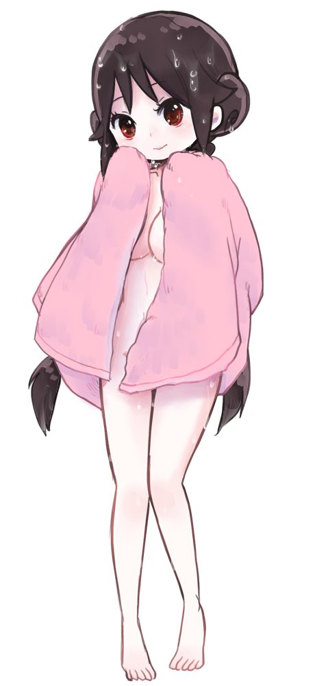 1girl, barefoot, breasts, brown_hair, closed_mouth, full_body, hashtag-only_commentary, light_smile, loli, long_hair, medium_breasts, naked_towel, oppai_loli, red_eyes, sana_(memechi), simple_background, solo, tachibana_yuzuki, taishou_otome_otogibanashi, towel, wet, white_background