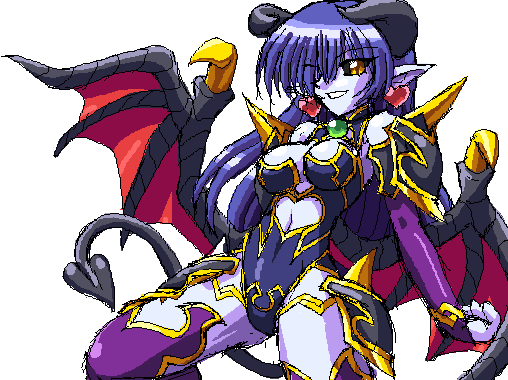 1girl, astaroth_(shinrabanshou), black_sclera, blue_skin, breasts, colored_sclera, colored_skin, demon_girl