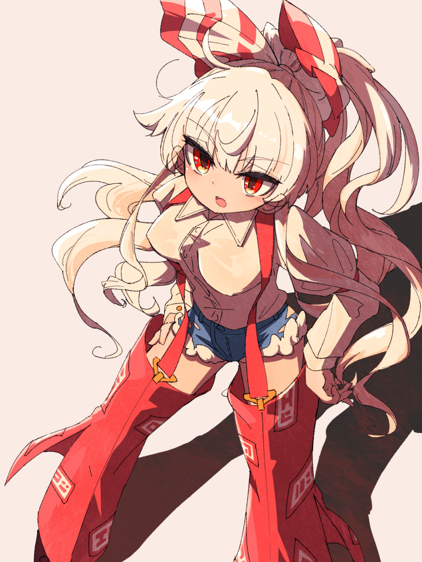 1girl, adapted_costume, annoyed, blue_shorts, bow, breasts, brown_background, brown_shoes