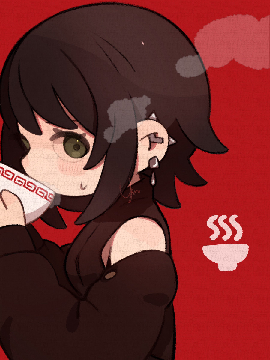 1girl, black_dress, black_hair, blush_stickers, bowl, breasts, clothing_cutout, dress