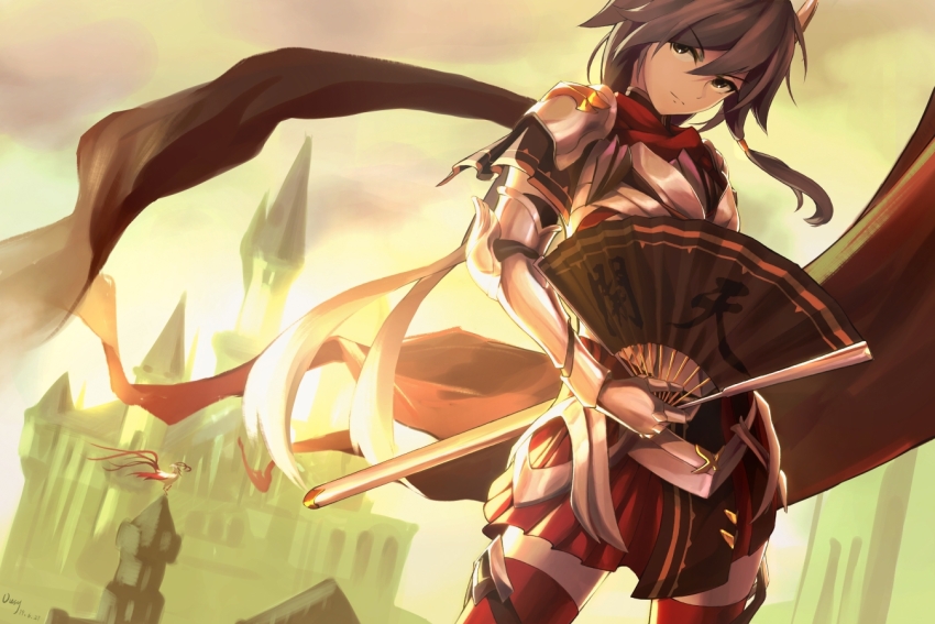 1girl, armor, bird, black_hair, blue_eyes, castle, cloud, cloudy_sky