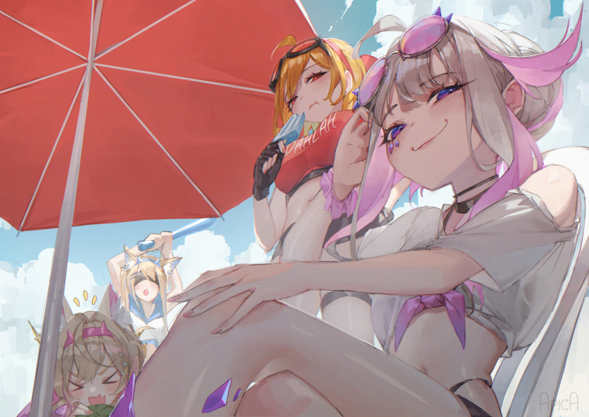 >_<, 4girls, absurdres, animal_ears, arupaoka, baseball_bat, beach_umbrella, blindfold