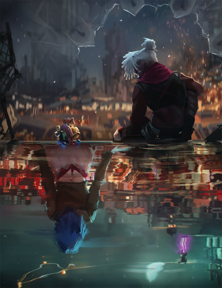 1boy, 1girl, arcane:_league_of_legends, arcane_jinx, blue_hair, broken_glass, cityscape, dark-skinned_male, dark_skin, different_reflection, dreadlocks, ekko_(league_of_legends), firelight_ekko, from_behind, glass, hextech_gemstone, highres, jinx_(league_of_legends), league_of_legends, night, powder_(alternate_timeline)_(arcane), reflection, reflective_liquid, rotational_symmetry, short_hair, sitting, sky, sophyucha, white_hair