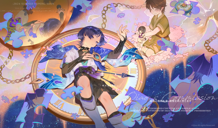 4boys, analog_clock, arm_up, back, bare_back, black_shorts, blue_eyes, blue_hair