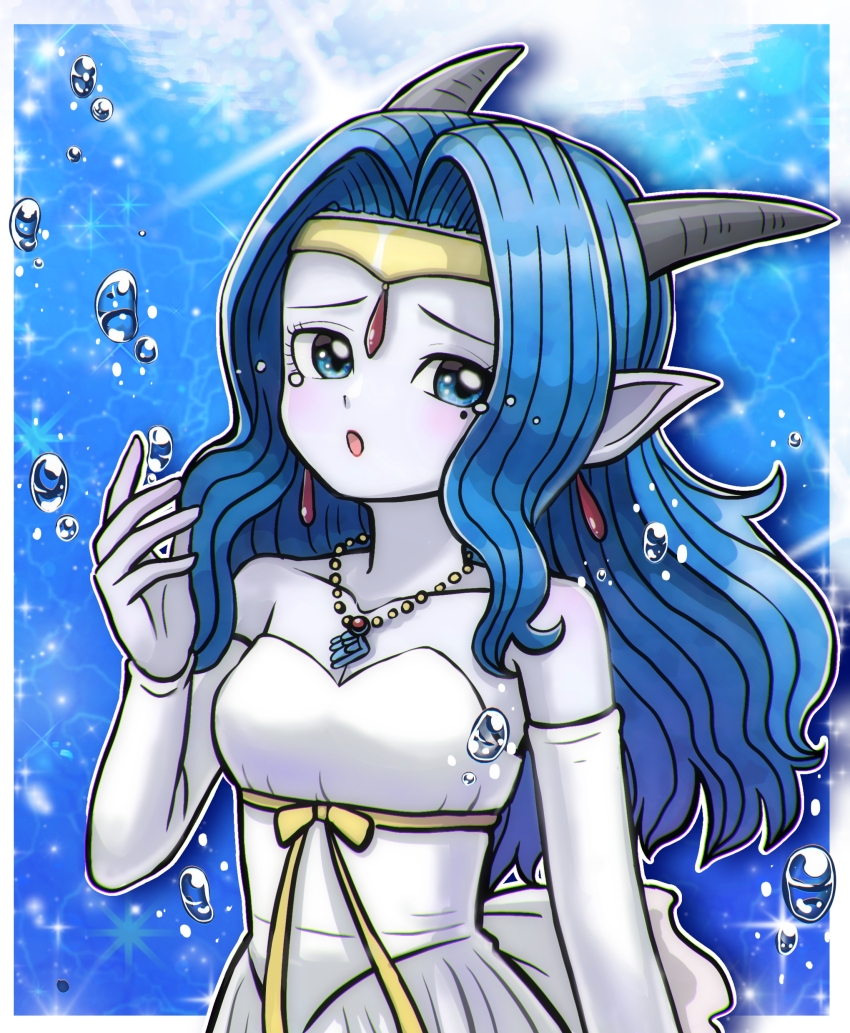 1girl, absurdres, air_bubble, black_horns, blue_eyes, blue_hair, blue_skin, border, bow, breasts, bubble, circlet, cleavage, colored_skin, commentary_request, detached_sleeves, dragon_quest, dragon_quest_x, dress, earrings, fina_(dq10), gold_circlet, highres, horns, long_hair, looking_at_viewer, looking_to_the_side, mole, mole_under_eye, moyapippi, open_mouth, parted_hair, pointy_ears, ribbon, solo, strapless, strapless_dress, teardrop_earrings, tears, upper_body, water, white_border, white_dress, white_sleeves, yellow_bow, yellow_ribbon