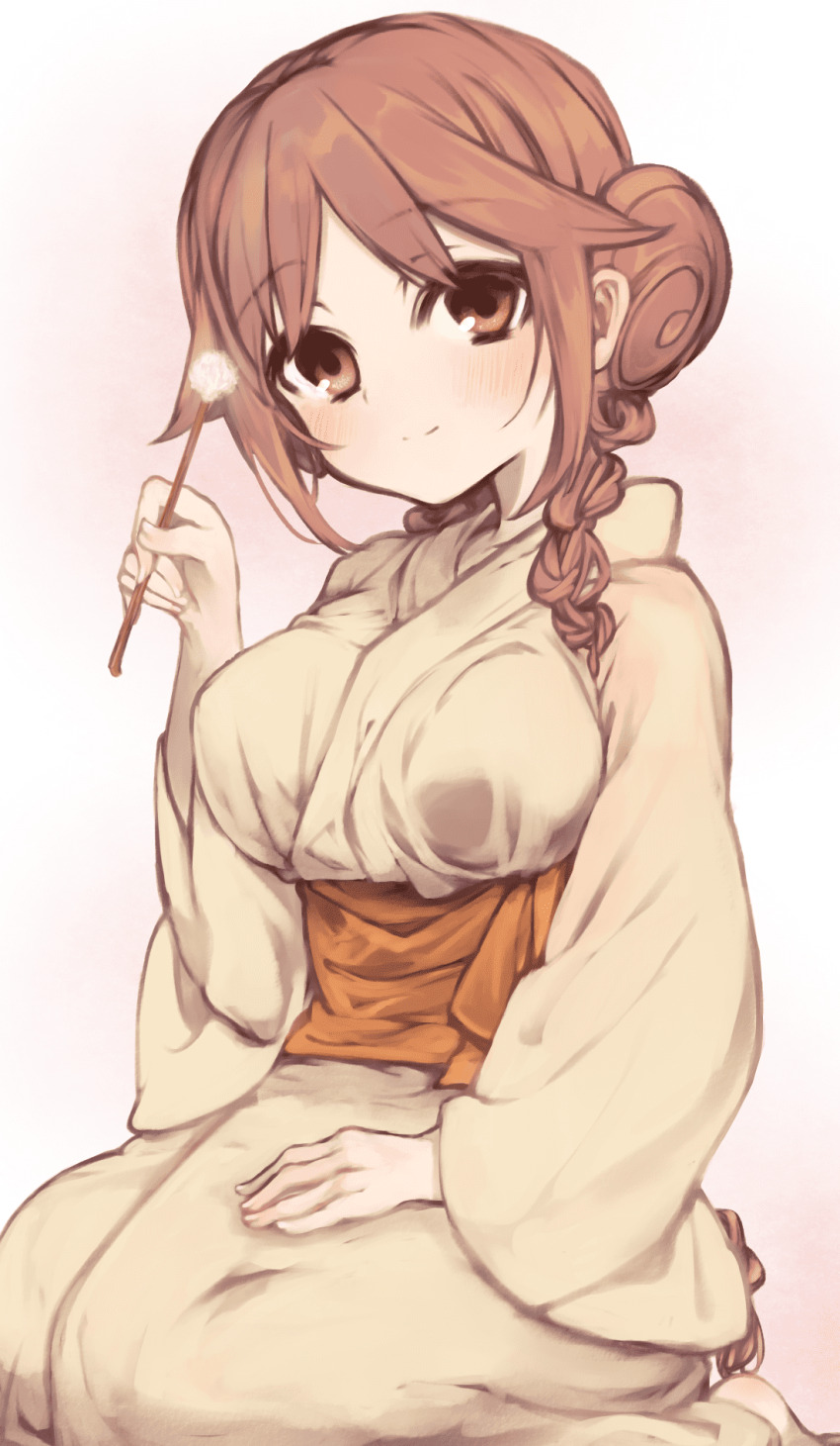 1girl, braid, breasts, brown_eyes, brown_hair, closed_mouth, hand_on_lap, highres