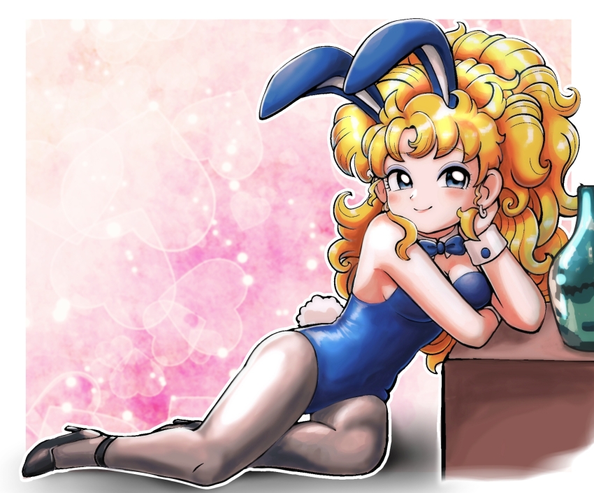 1girl, animal_ears, big_hair, black_footwear, blonde_hair, blue_bow, blue_bowtie, blue_eyes