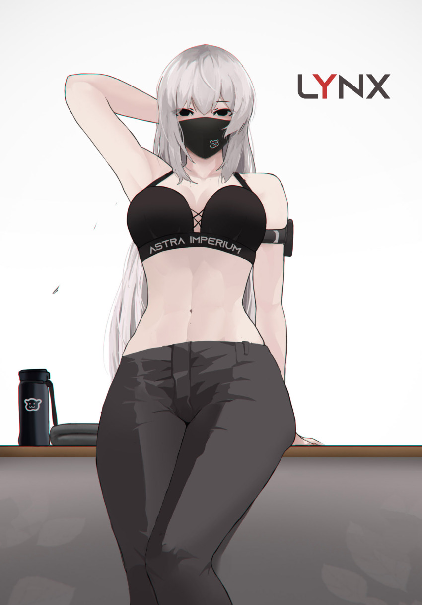 1girl, abs, arm_behind_head, black_eyes, black_mask, black_pants, black_sports_bra, breasts