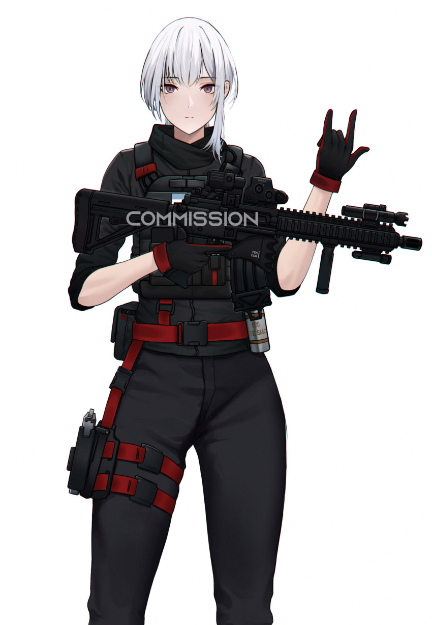 1girl, absurdres, arm_up, armor, assault_rifle, black_gloves, black_pants, black_scarf