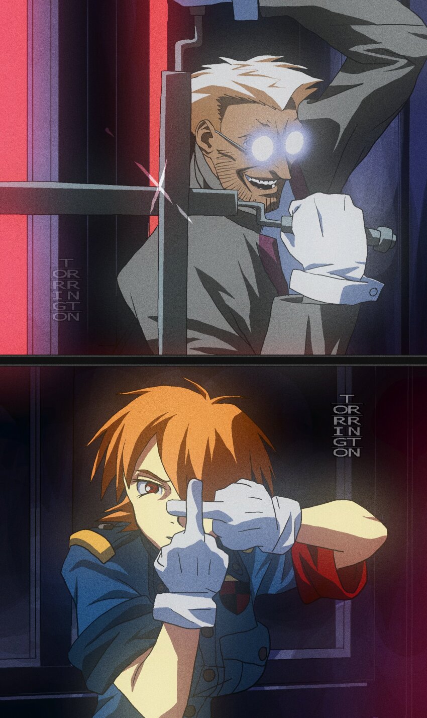 1boy, 1girl, absurdres, alexander_anderson, artist_name, bayonet, blonde_hair, blue_shirt