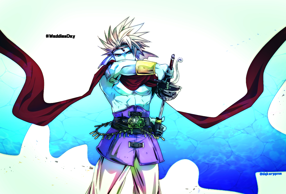 1boy, aqua_eyes, armlet, blonde_hair, blue_skin, cape, circlet, colored_skin