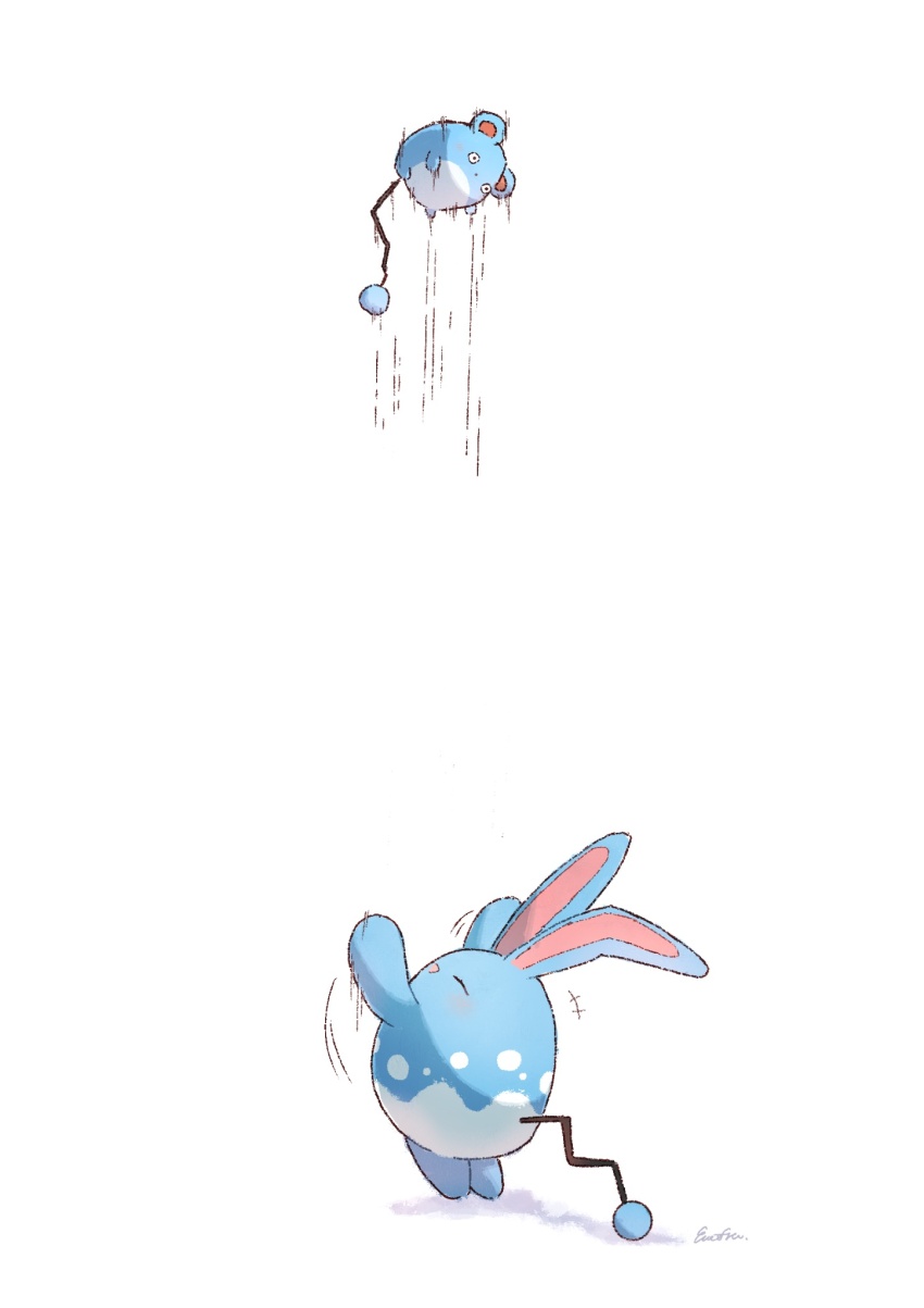+++, ^_^, azumarill, blue_skin, closed_eyes, colored_skin, commentary_request, emf_ru, evolutionary_line, gen_2_pokemon, highres, marill, motion_lines, nintendo, no_humans, pokemon, pokemon_(creature), signature, simple_background, smile, tail, tossing, white_background