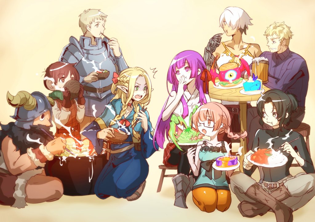 3girls, 6+boys, animal-themed_food, arianna_caledonia, armor, beard, bertrand_de_gervaise, black_hair, black_pantyhose, blonde_hair, bowl, brown_eyes, brown_hair, cauldron, chewing, chilchuck_tims, chloe_de_gervaise, chopsticks, crossover, curry, dungeon_meshi, dwarf, etrian_odyssey, facial_hair, fafnir_no_kishi_(sekaiju), fake_horns, flavio_(sekaiju), food, gauntlets, glasses, green_eyes, hair_over_one_eye, helmet, holding, holding_chopsticks, horned_helmet, horns, laios_touden, marcille_donato, multiple_boys, multiple_girls, panini_(food), pantyhose, pasta, pie, pink_eyes, pink_hair, pumpkin_pie, purple_eyes, purple_hair, red_skirt, sandwiched, sekaiju_no_meikyuu, senshi_(dungeon_meshi), shin_sekaiju_no_meikyuu_2, shirt, skirt, spaghetti, steak, stew, tankard, white_hair, white_shirt, wooden_bowl, yellow_eyes, yui67515743