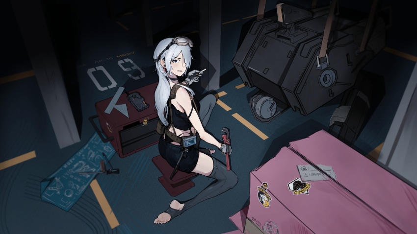 1girl, absurdres, ak-15_(girls'_frontline), alternate_costume, black_shorts, black_tank_top, blue_eyes, cigarette