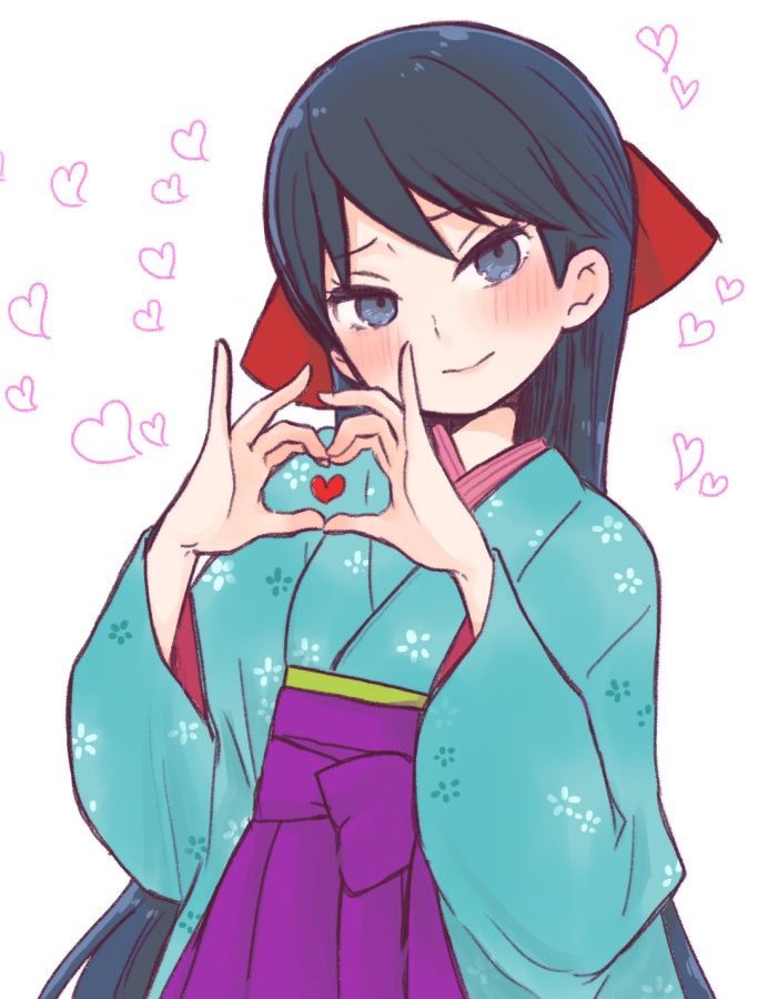 1girl, aqua_kimono, black_eyes, black_hair, blush, closed_mouth, commentary_request, hair_ribbon