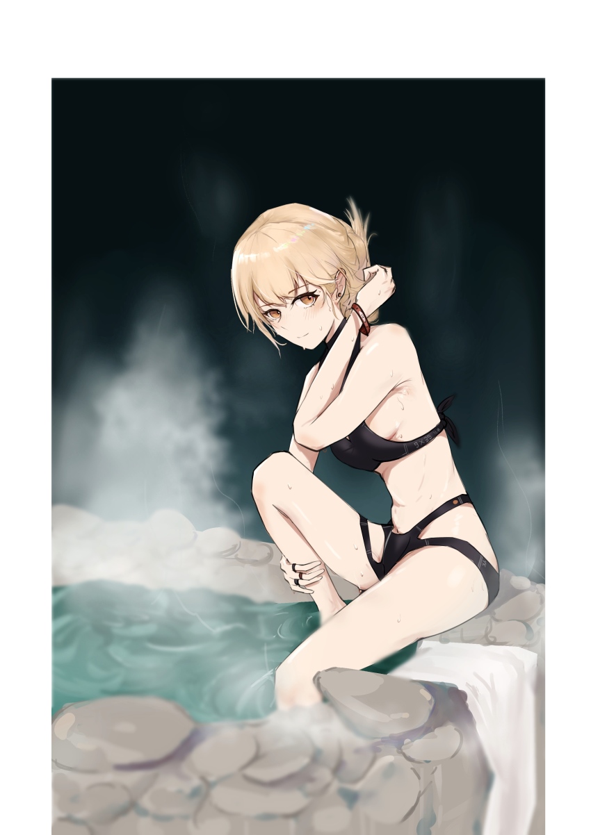 1girl, absurdres, alternate_costume, bikini, black_bikini, blonde_hair, blush, breasts