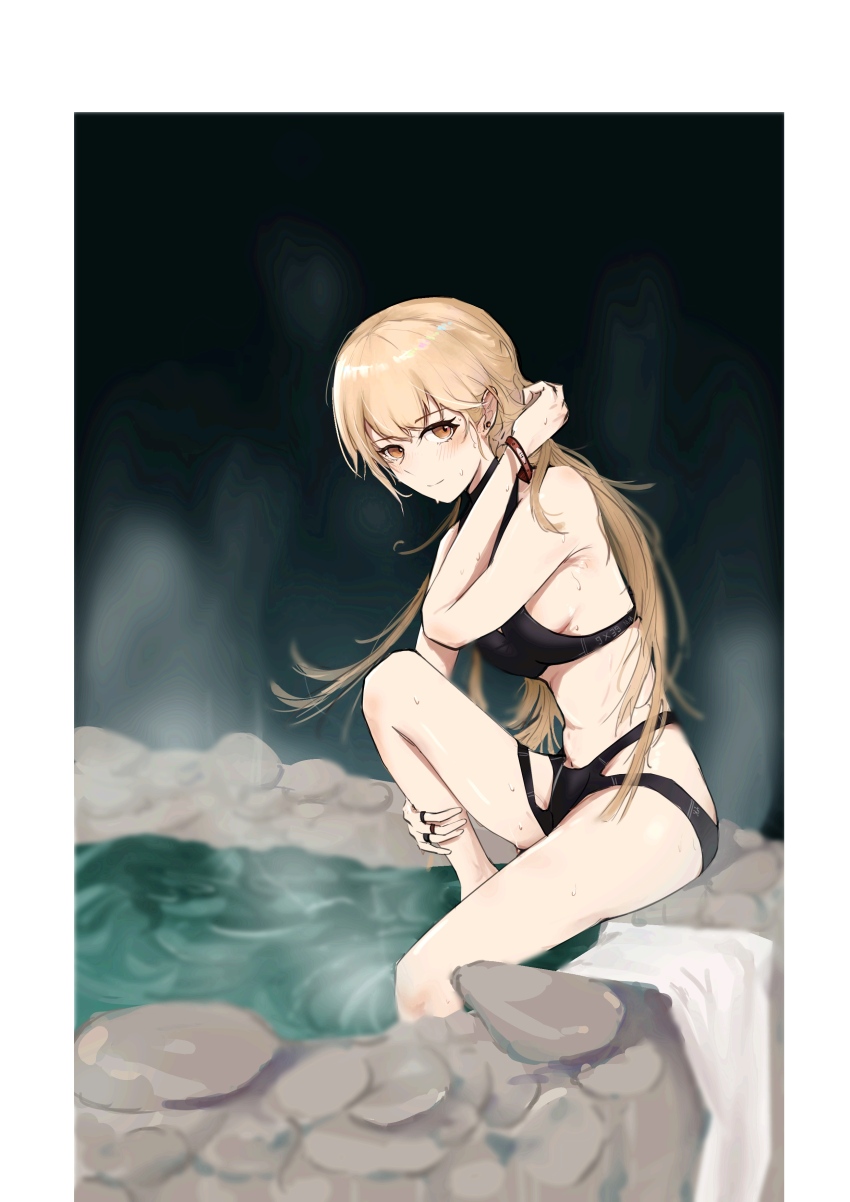 1girl, absurdres, alternate_costume, bikini, black_bikini, blonde_hair, blush, breasts, closed_mouth, girls'_frontline, hand_in_own_hair, hand_on_own_leg, highres, legs, long_hair, looking_at_viewer, medium_breasts, michaeliadalto9, onsen, orange_eyes, ots-14_(girls'_frontline), sideboob, sitting, smile, solo, sweat, swimsuit