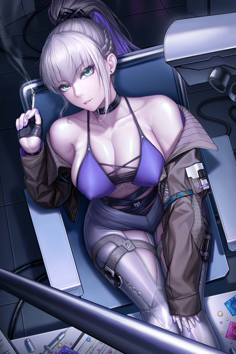 1girl, 3v_ju, aqua_eyes, bai_yi_(path_to_nowhere), bare_shoulders, black_choker, black_gloves, bra