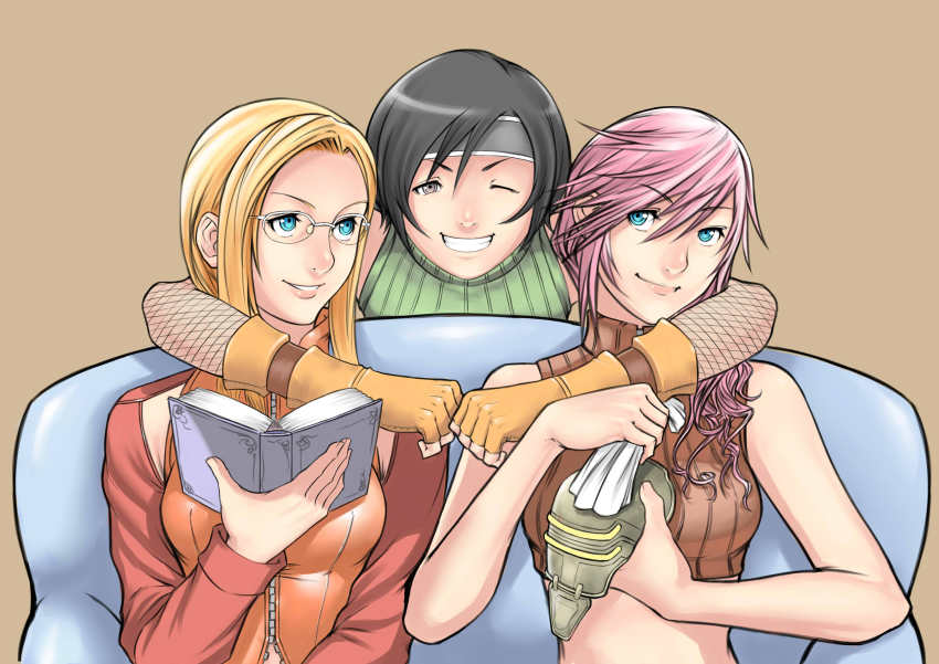10s, 1990s_(style), 3girls, absurdres, arcbuncle, bad_id, bad_pixiv_id, black_hair, blonde_hair, blue_eyes, book, breasts, brown_eyes, final_fantasy, final_fantasy_vii, final_fantasy_viii, final_fantasy_xiii, fingerless_gloves, fishnets, glasses, gloves, headband, highres, hug, lightning_farron, lips, long_hair, multiple_girls, one_eye_closed, pink_hair, quistis_trepe, retro_artstyle, short_hair, simple_background, sleeveless, sleeveless_turtleneck, smile, turtleneck, wink, yuffie_kisaragi, zipper
