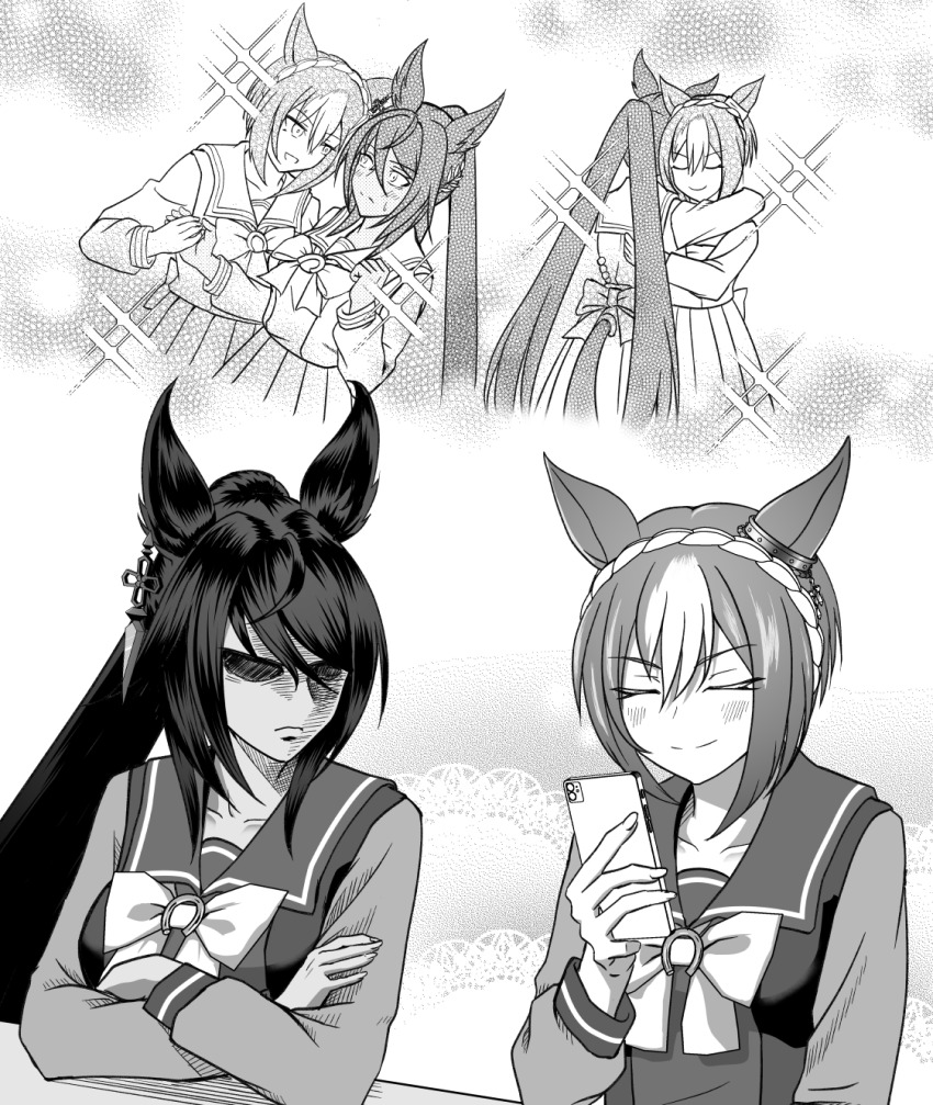 2girls, animal_ears, braid, breasts, cesario_(umamusume), closed_eyes, closed_mouth, commentary_request