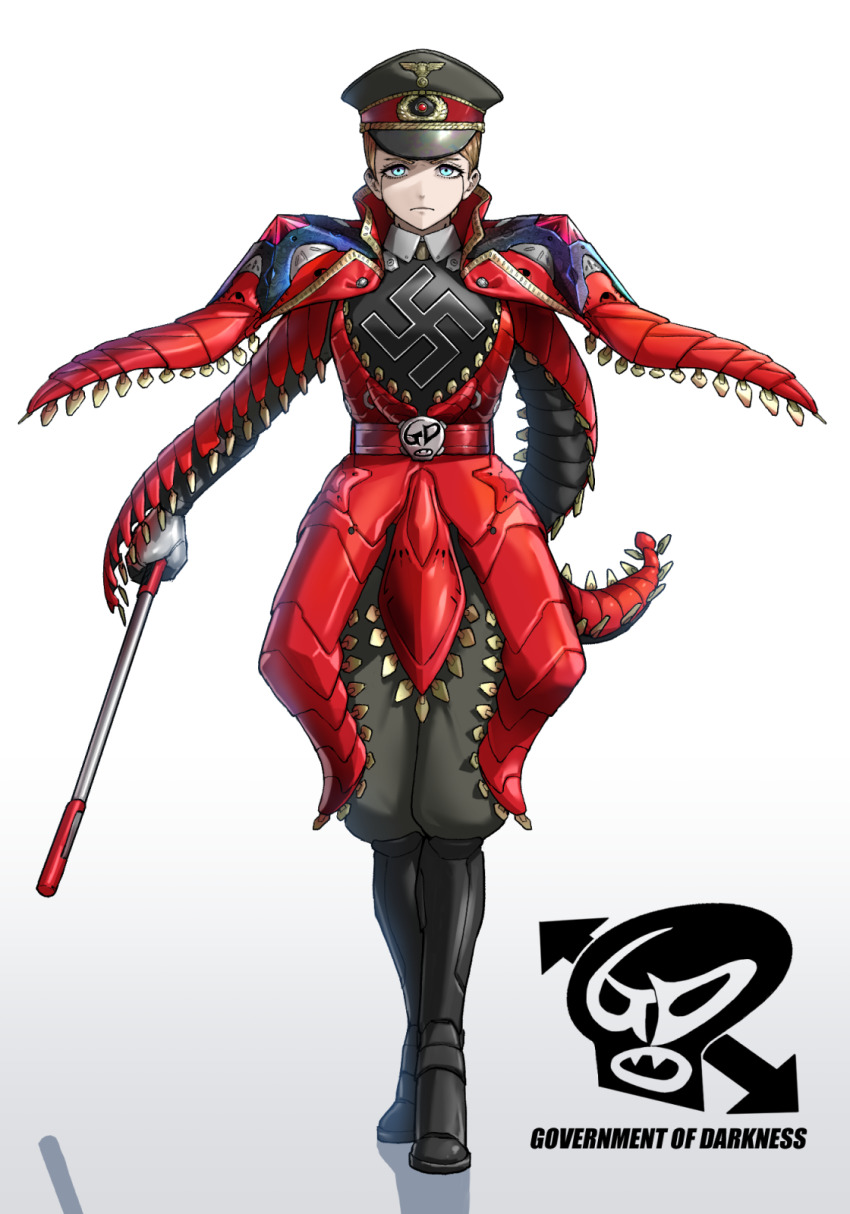 1girl, arm_behind_back, baton_(weapon), belt, belt_buckle, black_boots, blonde_hair, blue_eyes, boots, buckle, collar, commentary, cyborg, eidenjyou1997, emblem, english_commentary, frown, full_body, genderswap, genderswap_(mtf), green_pants, hat, highres, hitode_hitler, holding, holding_baton_(weapon), holding_weapon, kamen_rider, kamen_rider_x_(series), knee_boots, looking_at_viewer, monster_girl, nazi, pants, peaked_cap, red_belt, reichsadler, shadow, short_hair, simple_background, solo, standing, starfish_girl, swastika, tentacles_as_hands, weapon, white_background