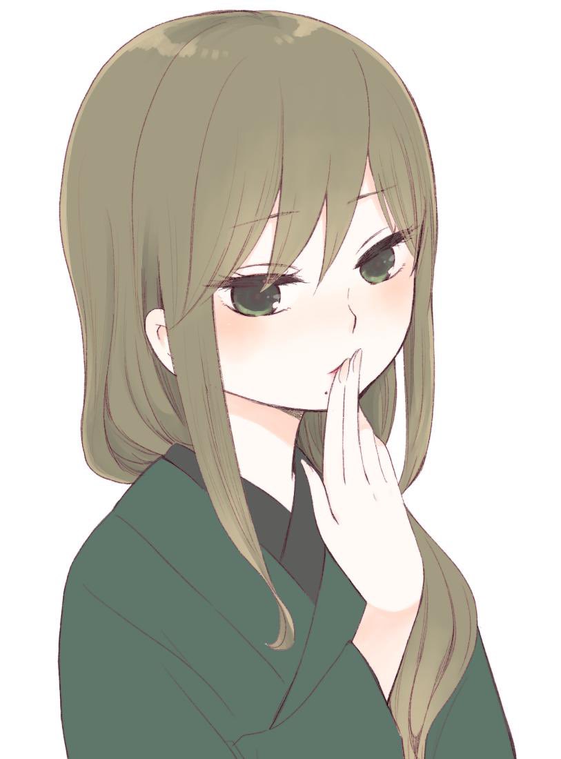 1girl, atsumi_ryou, brown_hair, commentary_request, finger_to_mouth, green_eyes, green_kimono, hair_over_shoulder