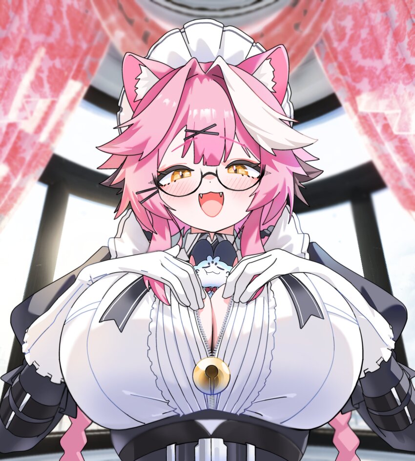 1girl, absurdres, animal_between_breasts, animal_ear_fluff, animal_ears, between_breasts, black_dress, blurry, blurry_background, blush, braid, breasts, center_frills, chattino_(raora_panthera), commentary, dot_nose, dress, english_commentary, fang, fangs, frills, glasses, gloves, gurumie, hair_ornament, hairclip, highres, hololive, hololive_english, huge_breasts, long_hair, looking_at_viewer, maid, maid_headdress, multicolored_hair, open_mouth, panther_ears, panther_girl, pink_hair, raora_panthera, raora_panthera_(maid), smile, streaked_hair, twin_braids, twintails, unzipped, virtual_youtuber, white_dress, white_gloves, yellow_eyes