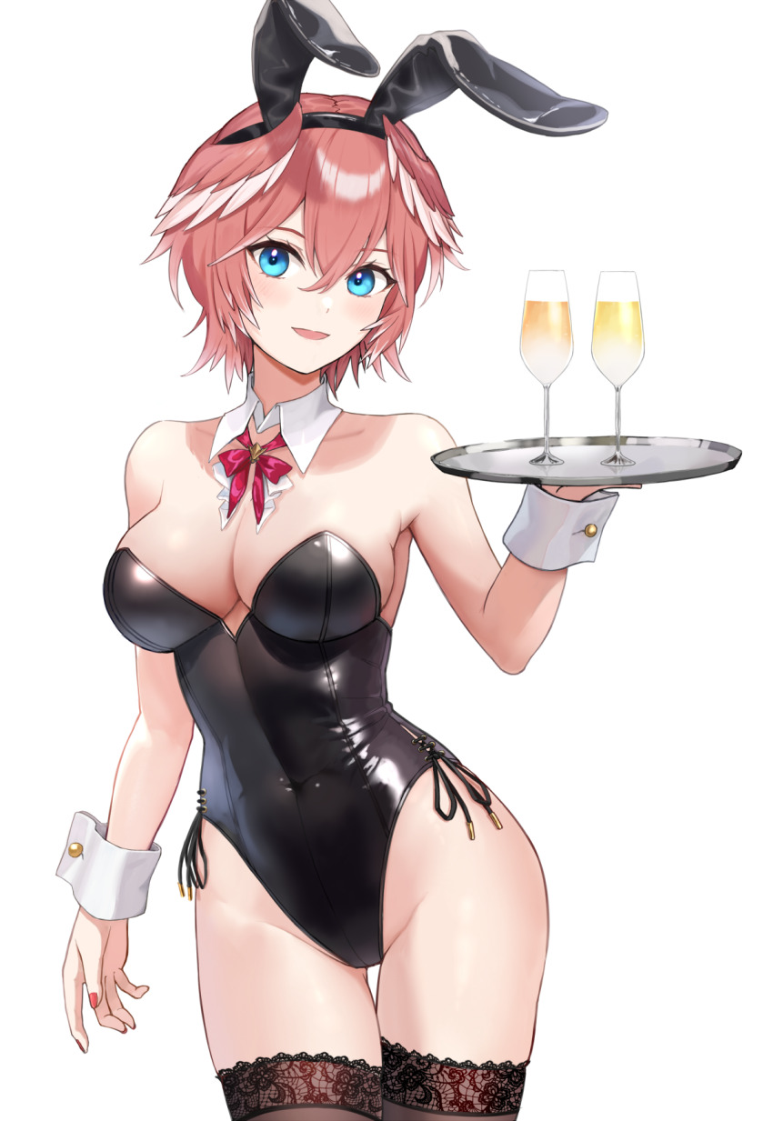 1girl, :d, animal_ear_hairband, animal_ears, bare_shoulders, black_leotard, black_thighhighs, blue_eyes