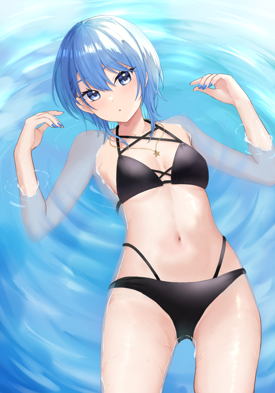 1girl, alternate_costume, bikini, black_bikini, blue_eyes, blue_hair, blue_nails, commentary_request