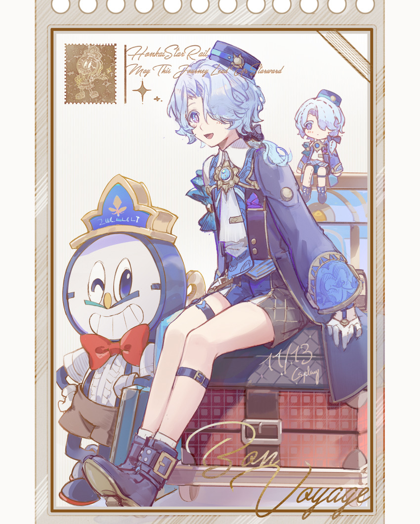 2boys, ankle_boots, arm_rest, bellhop_uniform, black_footwear, blue_eyes, blue_hair, blue_jacket