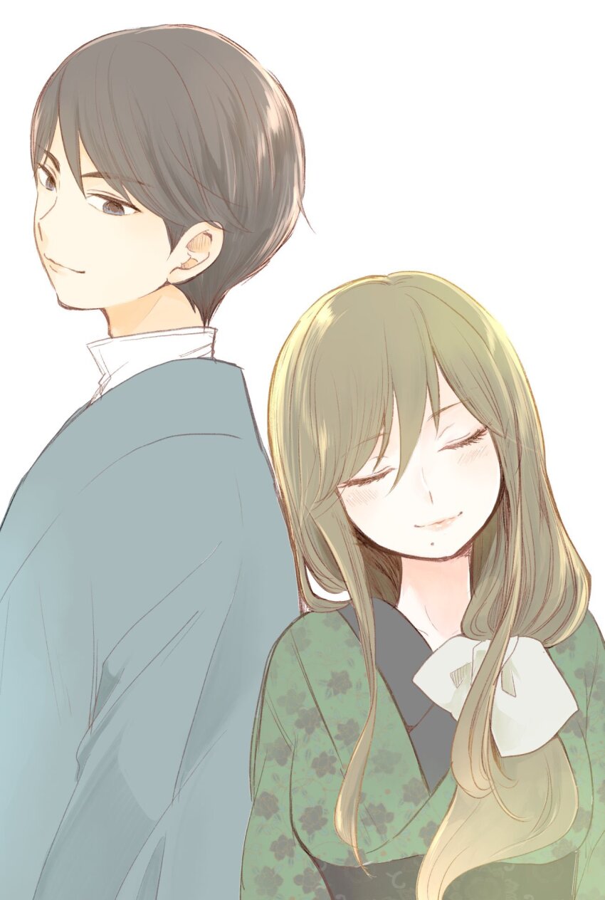 1boy, 1girl, atsumi_ryou, brown_eyes, brown_hair, closed_eyes, closed_mouth, commentary_request