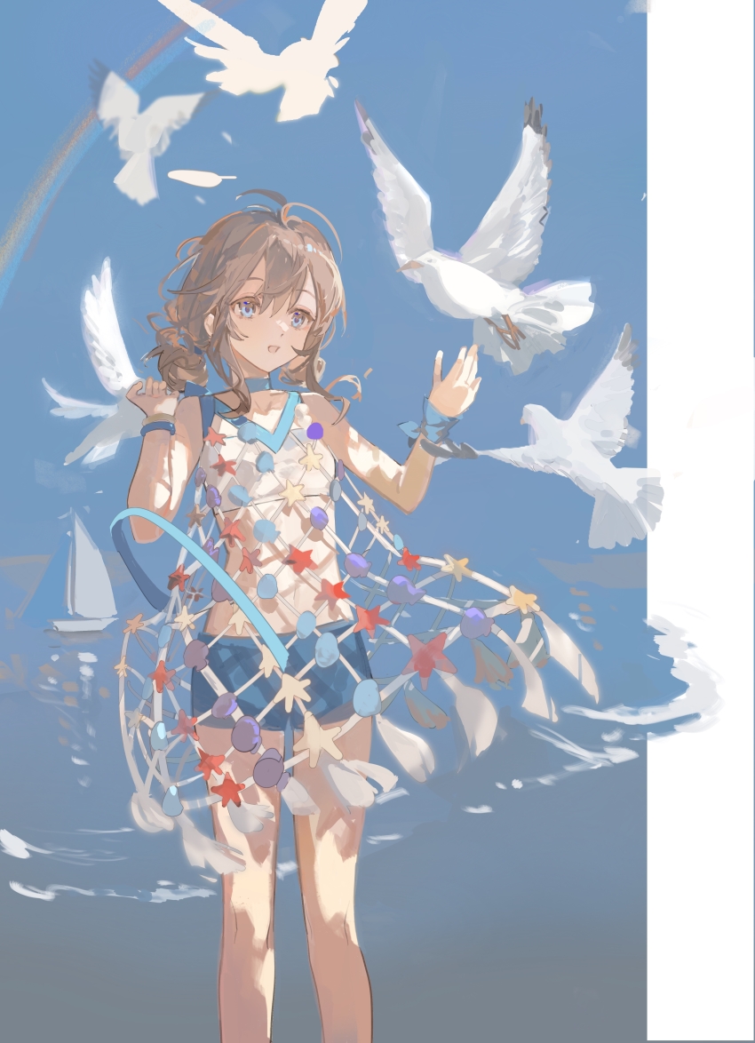 1girl, :o, absurdres, bare_shoulders, bird, blue_bow, blue_choker, blue_eyes