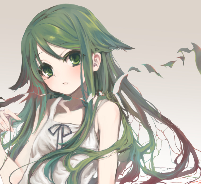 1girl, bare_arms, bare_shoulders, black_ribbon, dress, flat_chest, gradient_hair, green_eyes, green_hair, hair_flaps, hand_up, highres, long_hair, looking_at_viewer, multicolored_hair, parted_lips, playing_with_own_hair, red_hair, ribbon, ryoukenle, saya_(saya_no_uta), saya_no_uta, sleeveless, sleeveless_dress, solo, sundress, teeth, upper_body, white_dress