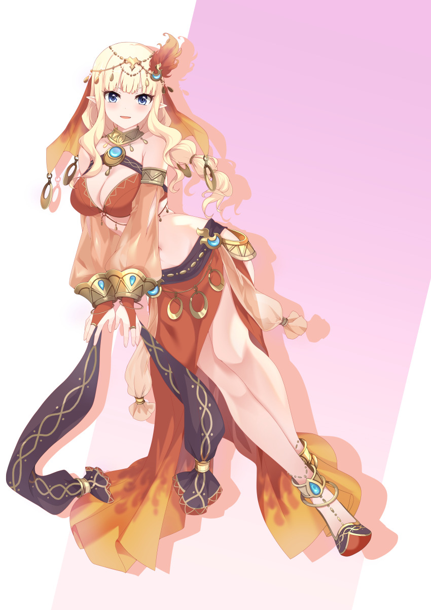 1girl, a_raku, absurdres, anklet, armlet, blonde_hair, blue_eyes, blunt_bangs