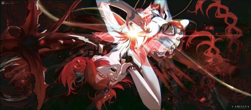 1girl, black_flower, blake_bloom_(wuthering_waves), breasts, camellya_(wuthering_waves), character_name, chromatic_aberration, collar