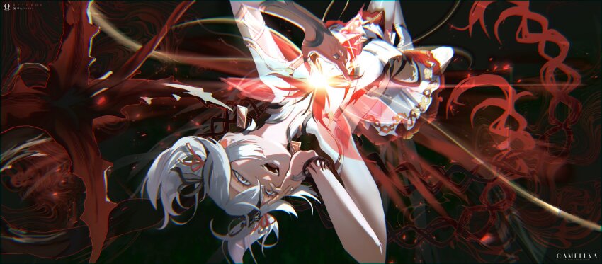 1girl, black_eyes, black_flower, blake_bloom_(wuthering_waves), breasts, camellya_(wuthering_waves), chromatic_aberration, collar