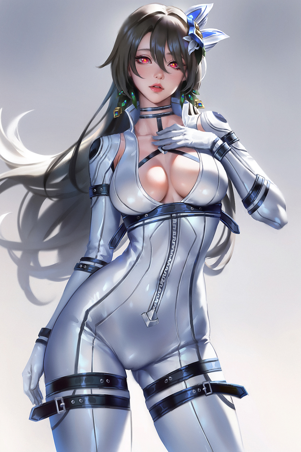 1girl, bodysuit, breasts, brown_hair, collarbone, cowboy_shot, gloves, gradient_background, hair_between_eyes, hair_ornament, highres, honkai_(series), honkai_impact_3rd, large_breasts, long_hair, looking_at_viewer, parted_lips, red_eyes, sidelocks, simple_background, solo, standing, thighs, vita_(bodysuit)_(honkai_impact), vita_(honkai_impact), white_bodysuit, white_gloves, wo_jiushi_kanbudong