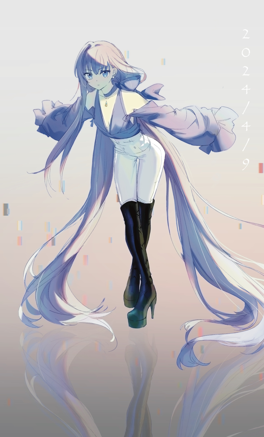 1girl, absurdres, alternate_costume, blue_eyes, boots, bowing, dated, fate/grand_order, fate_(series), full_body, high_heel_boots, high_heels, highres, illen, long_hair, meltryllis_(fate), pants, purple_hair, solo, very_long_hair, white_pants