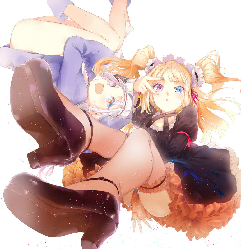 2girls, ass, black_dress, black_footwear, blonde_hair, blue_dress, blue_hat, boku_wa_tomodachi_ga_sukunai