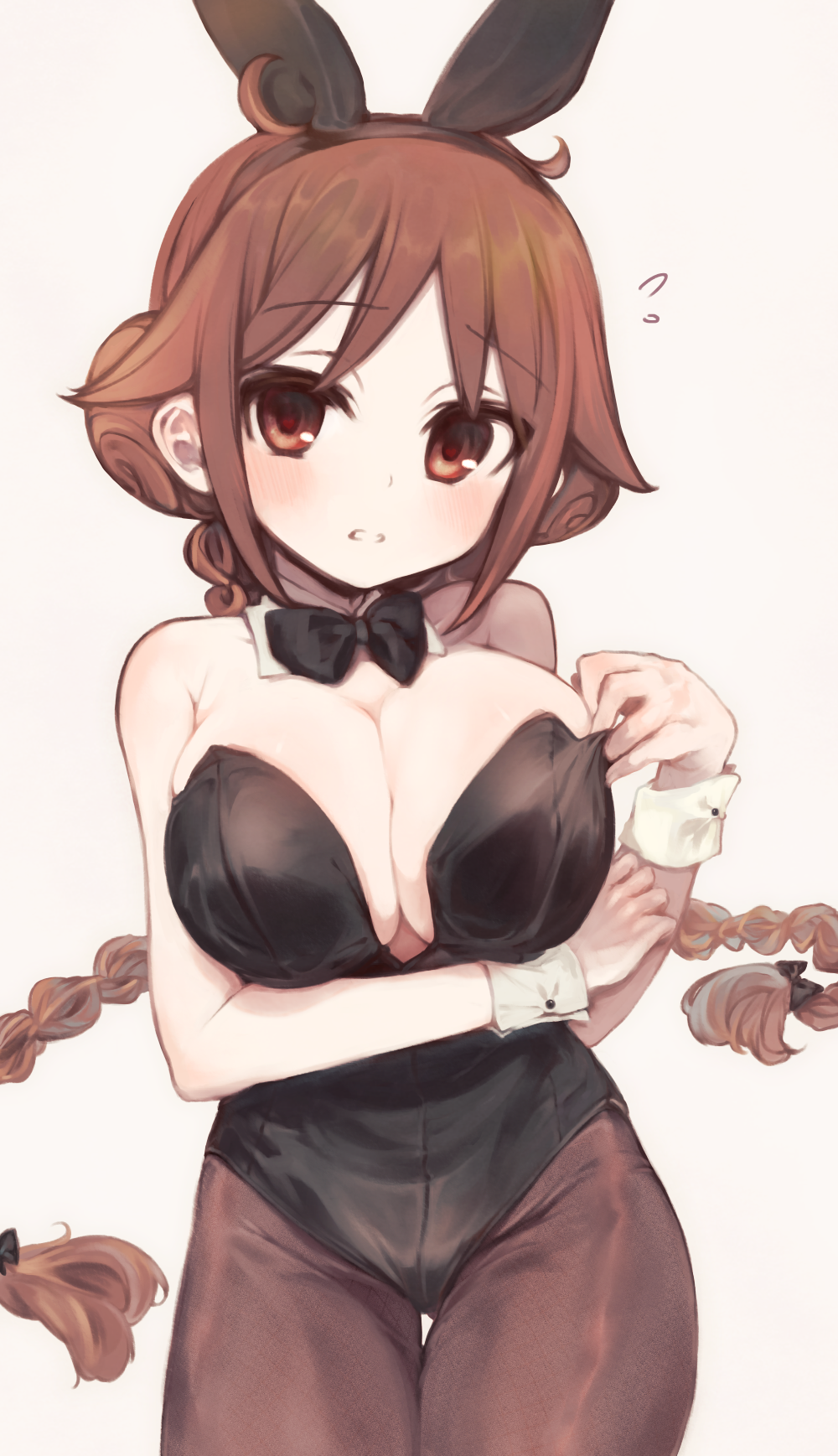 1girl, adjusting_clothes, adjusting_leotard, animal_ear_hairband, animal_ears, arm_under_breasts, bare_shoulders, black_bow, black_bowtie, black_hairband, black_leotard, bow, bowtie, braid, breasts, brown_eyes, brown_hair, brown_pantyhose, commentary_request, cowboy_shot, detached_collar, fake_animal_ears, flying_sweatdrops, gradient_background, hairband, highres, large_breasts, leotard, long_hair, looking_at_viewer, pantyhose, playboy_bunny, rabbit_ear_hairband, rabbit_ears, ryoukenle, solo, standing, tachibana_yuzuki, taishou_otome_otogibanashi, teeth, twin_braids, white_wrist_cuffs, wrist_cuffs, yellow_background