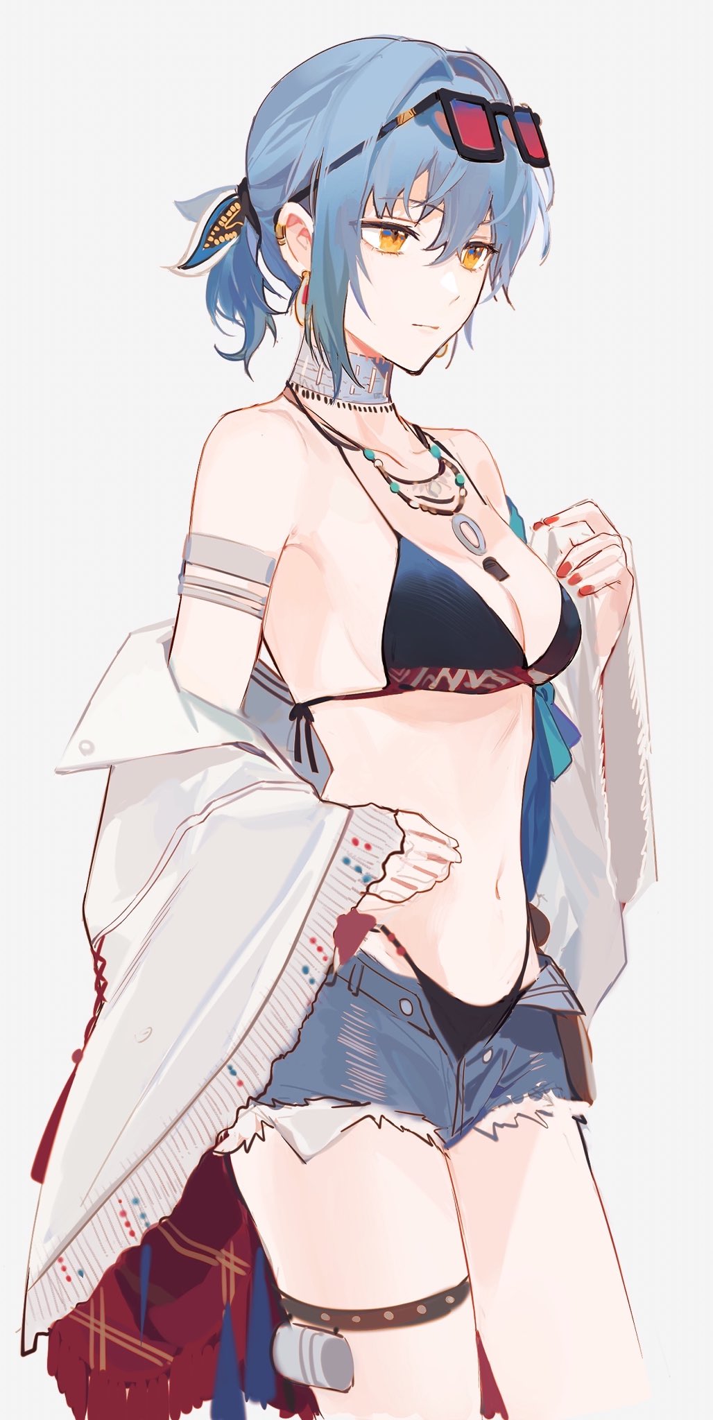 1girl, arashiko_falcom, bikini, bikini_under_clothes, black_bikini, blue_choker, blue_hair, blue_shorts