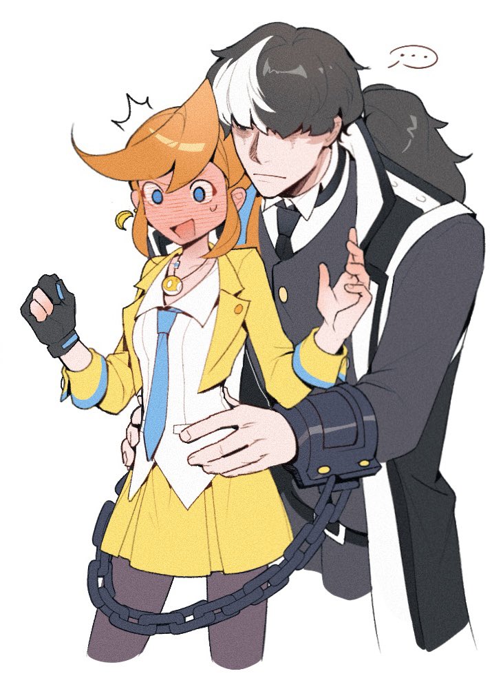..., 1boy, 1girl, ace_attorney, athena_cykes, black_gloves, black_hair, black_pantyhose