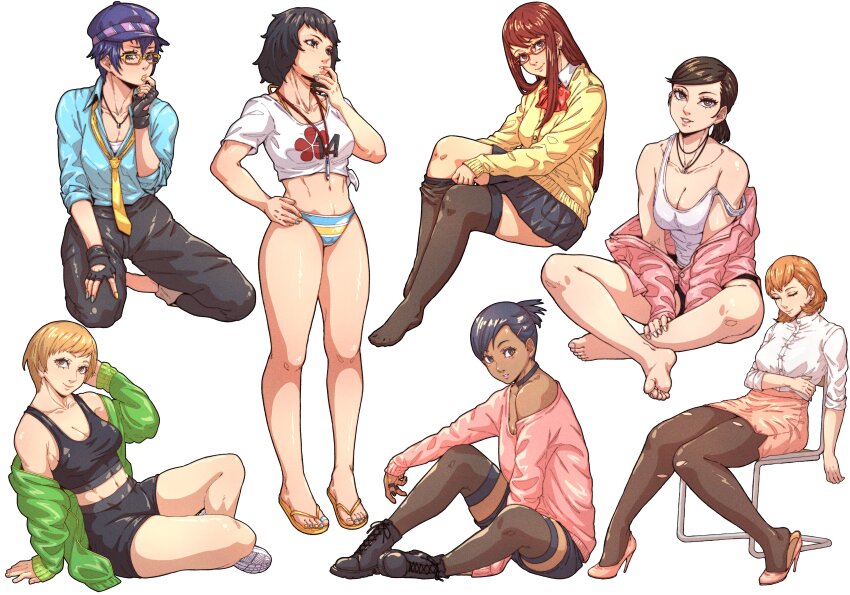 absurdres, black_hair, blue_hair, breasts, brown_eyes, brown_hair, chuckuddin, cleavage, collarbone, flip-flops, fushimi_chihiro, glasses, hat, highres, jacket, jewelry, kawakami_sadayo, large_breasts, looking_at_viewer, medium_breasts, medium_hair, multiple_girls, navel, nishiwaki_yuuko, open_mouth, persona, persona_3, persona_4, persona_5, sandals, satonaka_chie, shirogane_naoto, shirt, short_hair, simple_background, skirt, smile, teacher, toriumi_isako, uehara_sayoko, yellow_sandals