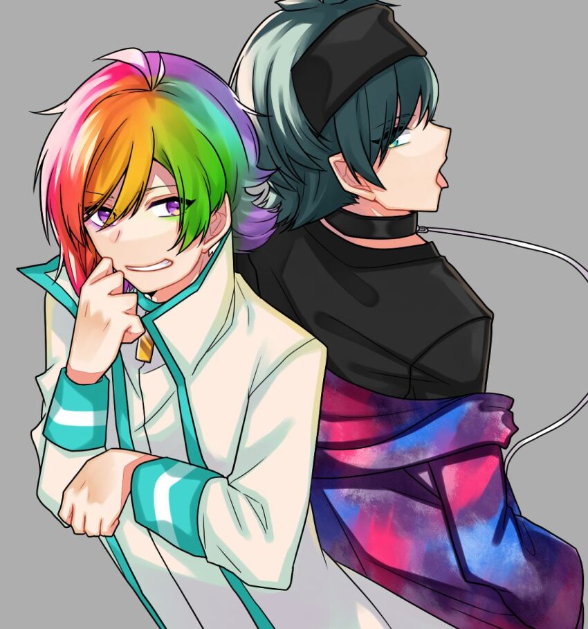 2boys, ahoge, animal_collar, back-to-back, bad_id, bad_pixiv_id, black_collar, black_headband